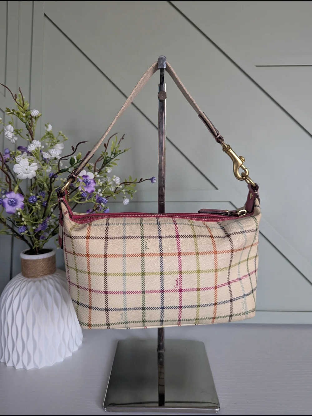 Coach Cream Plaid Canvas Shoulder Bag with Pink Accent
